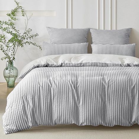 Ensemble de literie 220x240 Coton Rayé Jacquard Oeko-Tex Bleu-Gris/Blanc 3 pièces