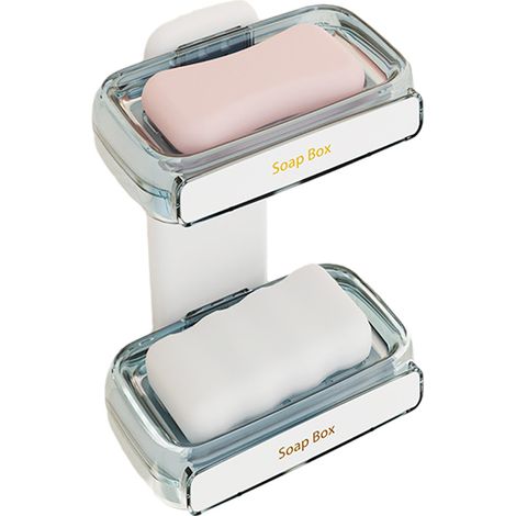 Support Savon Mural - Double Étage avec Bac de Drainage - Fixation Adhésive ou Sur Plan de Travail - ABS - Pour Salle de Bain Douche Baignoire Cuisine - 1 Pièce (1/5)