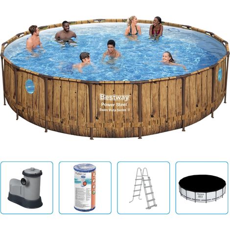 Piscine Bestway Power Steel Swim Vista - 549 x 122 cm - Imprimé bois - Ronde - Avec pompe filtrante + accessoires (1/5)