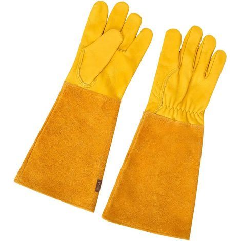 Gants de Jardinage en Cuir Respirant pour Homme et Femme avec Gant Anti-épine, Manches Longues en Cuir de Vache pour Jardinier et Fermier, Jaune (1/4)