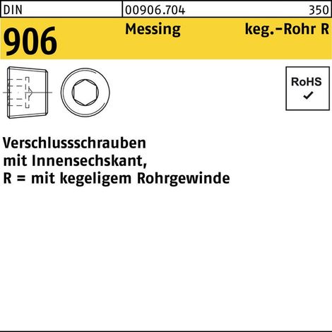 DIN 906 Verschlussschraube Kegeliges Rohrgewinde VG 3/8" Messing blank Innensechskant 50 Stk (1/2)