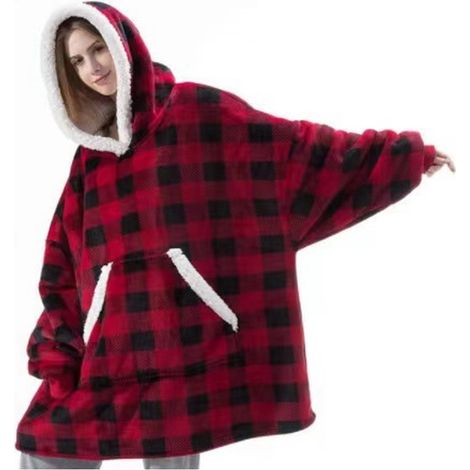 Plaid à Capuche Adulte Plaid Pull Couverture Canapé Polaire avec Manche Femme Homme avec Poches Portables TV Hiver 118x80 cm Rouge (1/5)