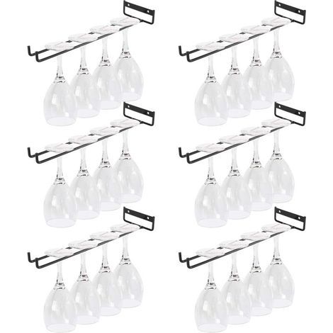 6 Pièces Porte Verres Suspendu, 30 cm Support Verre a Pied Suspendu, Noir Supports pour Verres à Vin Sous Armoire en Métal pour Armoire, Bar, Cuisine