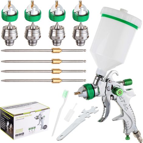 Pistola pulverizadora con 4 boquillas HVLP de 1,4, 1,7, 2,0 y 2,5 mm. Kit de pintura de 600 ml.