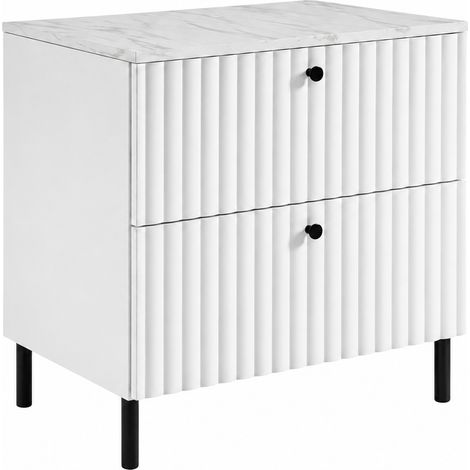 Meuble sous-vasque sur pieds 60 cm, 2 tiroirs, avec plan de travail, fermeture douce, Blanc / Marbre, pieds noirs, 60 x 44,4 x 73,6 cm (1/5)