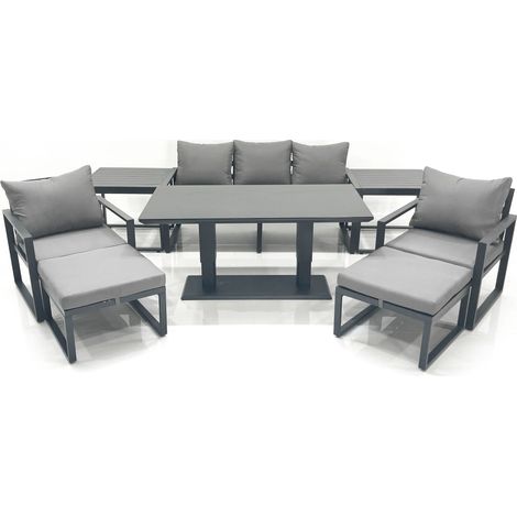 Fimous Outdoor Aluminium Garden Furniture Set with Adjustable Rising Lifting Dining Table 3 Seater Sofa 2 Chair 2 Big Footstools 2 Side Tables Dark Grey (1/5)