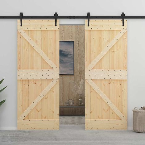vidaXL Porta scorrevole 2 pcs Naturale e Nero Legno Massello di