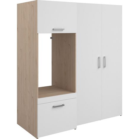 Mobile per lavatrice con armadi e colonna doppia anta Naturale chiaro e bianco L156 x H184 – ERKANO (1/4)