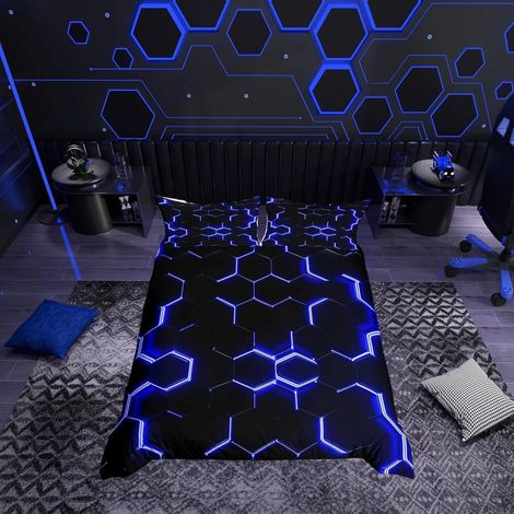 Housse de Couette en nid d'abeille Géométrique Bleu et Noir Housse de Couette 220x240cm Hexagonal Parure de Lit Enfants Adolescents en nid d'abeille Literie Set avec 2 Taies d'oreiller (1/5)