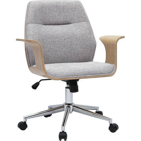 Sedia da ufficio con ruote design in tessuto effetto velluto grigio testurizzato, legno chiaro e acciaio cromato RUFIN