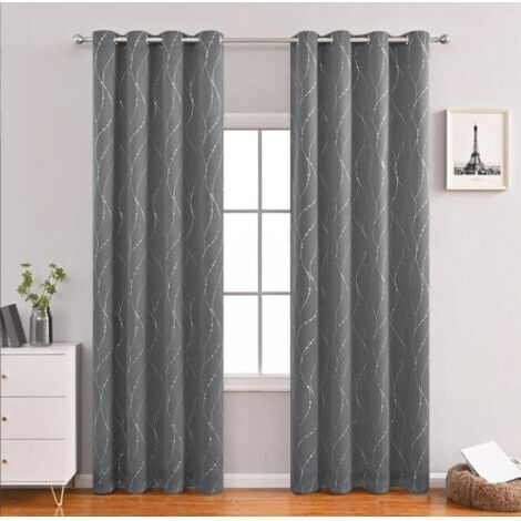 Lot de 2 Rideaux Occultants Isolant Thermique Anti Froid pour Enfant Gris Foncé 140x220cm Rideaux à Oeillets Imprimés Argents