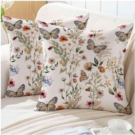Housse de coussin 45x45 cm Lot de 2 - Motif Floral Printanier avec Papillons et Feuilles, Décoration Extérieure pour Canapé, Rose et Beige (1/5)