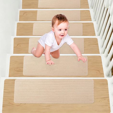 15 pièces de tapis pour marches d'escalier, 55x22cm, tapis auto-adhésifs pour l'intérieur, tapis d'escalier, antidérapants, pour la sécurité des marches d'escalier, découpables, pour enfants (1/5)