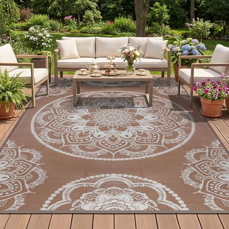 Tapis Exterieur Resistant Pluie Terrasse Tapis Barbecue Sol Exterieur Grand Tapis Plastique Exterieur Imperméable Tapis d'extérieur pour Terrasse Jardin Balcon Plage Salon 180 x 270 cm, Beige Marron (1/5)