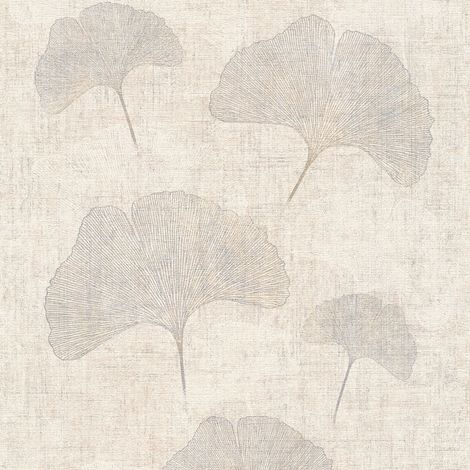 Papier peint chambre adulte & couloir | Papier peint feuille beige effet textile | Tapisserie beige motif feuille idéale cuisine - 10,05 x 0,53 m (1/5)