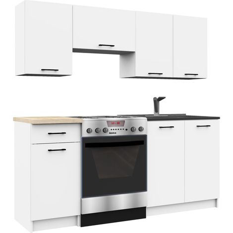 Akord – Ensemble de cuisine 180 cm – 7 portes, 1 tiroir, finition mate blanche – 8 étagères, panneau stratifié – Dimensions 180x46x203 cm (1/5)