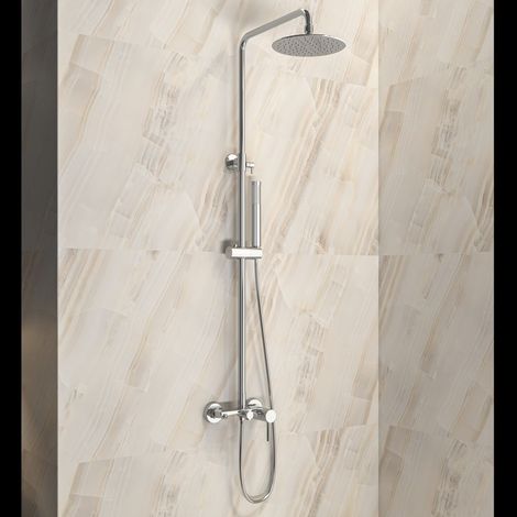 Colonna doccia fissa in acciaio inox con soffione, doccetta con flessibile e getto vasca finitura satinato KAM-ARTE SATINATO kamalu
