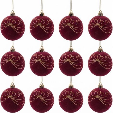 Set 12 Palline per Albero di Natale 8 cm Velluto Bordeaux con Decorazioni Palla bordo' con Glitter Oro addobbi Eleganti per Albero natalizio casa (1/5)