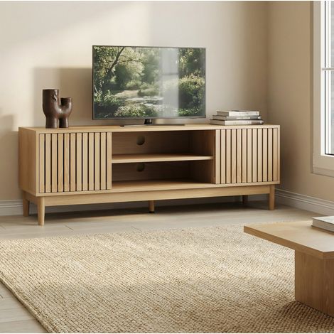 MODFU – Mobile TV 140x39x48 cm in MDF/truciolato con ante a lamelle, passacavi, per TV fino a 65 pollici e carico 100 kg – Rovere (1/5)