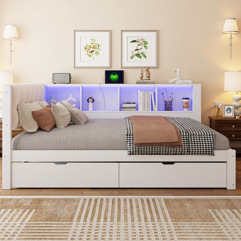 Lit jour 140x200 cm avec tiroirs LED USB et étagère - Pin MDF - Blanc (1/5)