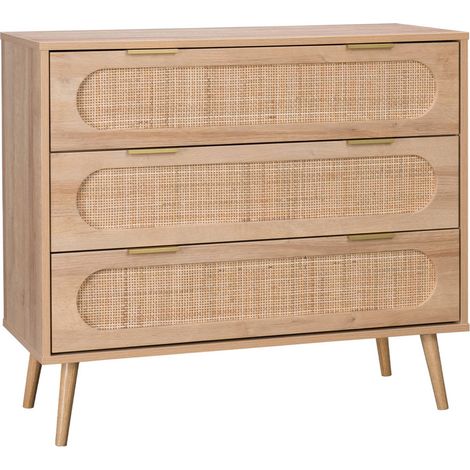 Commode. Eva. décor bois et cannage arrondi. 3 tiroirs L 90 x l 39 x H 79cm
