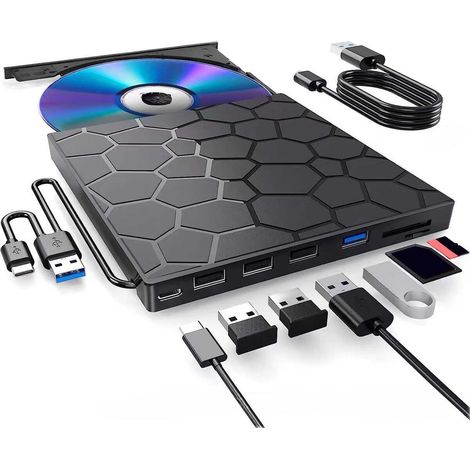 Lecteur CD externe pour ordinateurs portables, graveur CD portable ultra-mince USB 3.0 8 en 1, compatible avec les ordinateurs de bureau, Mac, Windows 11/10/8/7 et les systèmes Linux. (1/3)