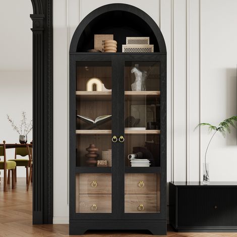Aparador alto negro con puertas de cristal, estantes regulables y cajones, 76,2 x 40,1 x 180 cm (1/5)