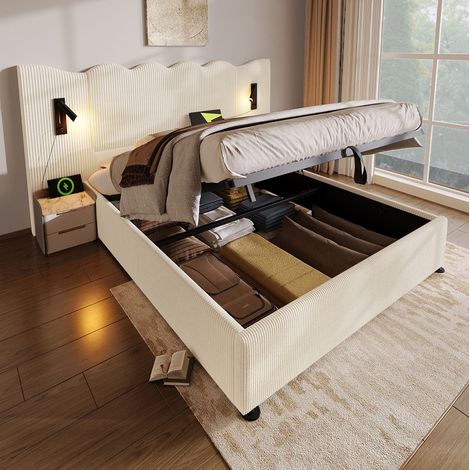 Letto matrimoniale 180x200 cm in corduroy beige-bianco con testiera ondulata, luce lettura e USB-C, contenitore (1/5)