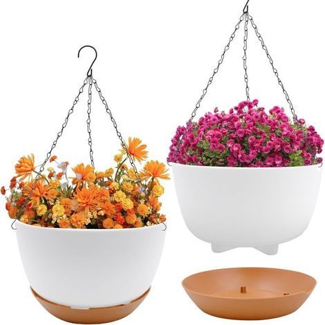 2-Piece Self-Watering Hanging Flower Pots, 21cm Plastic Hanging Pots with Drainage Holes, Outdoor Hanging Flower Pots for Verandas, Gardens and Balconies (1/5)