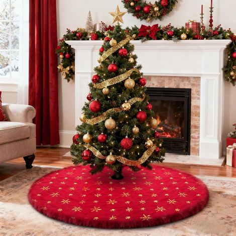 Jupe sapin Noël 122 cm, tapis rouge flocons dorés brodés, décor hiver et Nouvel An (1/4)