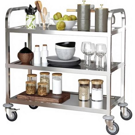 CHICFURN Desserte de cuisine à roulettes 3 niveaux en acier inoxydable chromé, chariot de service robuste avec 4 roues pivotantes dont 2 freinées, charge 150 kg (1/5)