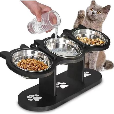 Elevated Cat Bowl - Stainless Steel Bowls with Wooden Stand - Tilted Bowl - Height Adjustable Cat Bowl for Cats, Puppies and Small Dogs, Black (1/2)