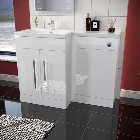 ELEGANT 1100mm L Shape Bathroom Vanity Sink Unit Furniture Storage,High Gloss White Vanity Unit with Concealed Cistern + Basin Left Hand