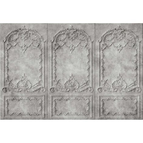 Papier peint panoramique gris 3D moulures Tapisserie panoramique trompe l'oeil élégante Papier peint panoramique salon & chambre adulte (1/2)