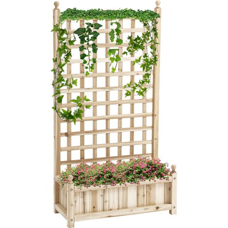 Jardinière surélevée avec treillis, bac à fleurs, support pour plantes grimpantes, arche pour rosiers grimpants, bois de jardin, naturel, 64 x 28 x 120 cm