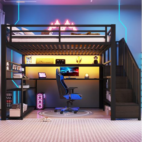 Hochbett 140x200 mit LED, Schreibtisch, Kleiderschrank und Stauraum, schwarz OKMYHOME (1/5)
