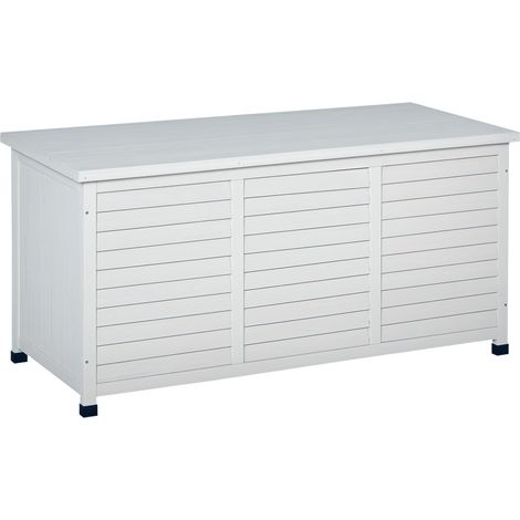 Baule da Esterno in Legno di Abete con Base Rialzato e Coperchio, Cassapanca Contenitore da Esterno Impermeabile, 127x56x60 cm, Bianco