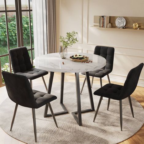 Set de table à manger (5 pièces), set moderne avec 4 chaises, table ronde pour cuisine avec plateau mdf blanc, pieds en métal noir. (1/5)