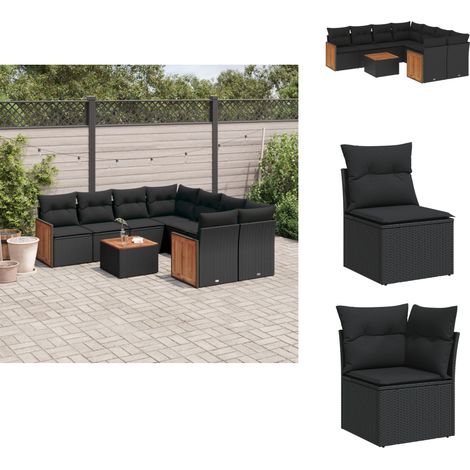 9-tlg. Garten-Sofagarnitur mit Kissen Schwarz Poly Rattan - Gartenmöbel - Rattan Möbel - Outdoor Set - Esstisch - Lounge Set (1/5)