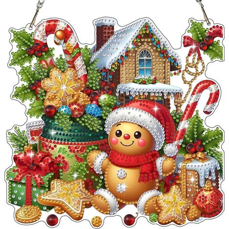 Pendentif de peinture diamant de Noël Maison en pain d'épice avec bonhomme de neige, kit de décoration de fenêtre