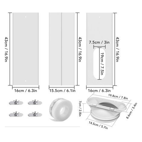 Ortviai Kit d’étanchéité pour climatiseur mobile – 4 plaques PVC réglables 43 x 16 cm, compatible tuyaux 14,5 et 19,8 cm (1/4)