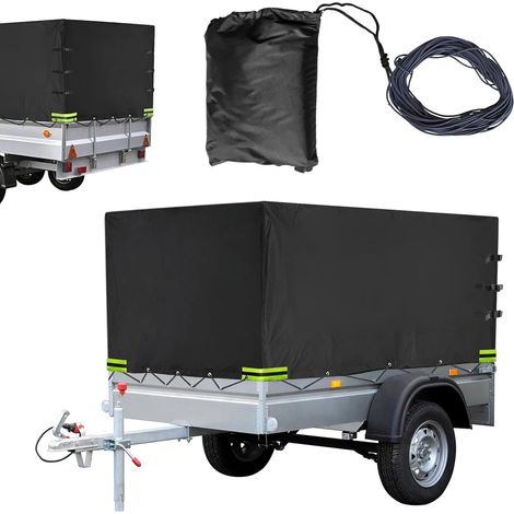Trailer Tarpaulin, 210 x 114 x 90 cm, Durable All Weather Cover with Rope, 600D Oxford Fabric, Waterproof, Zip, with Reflective Strips, for Car Trailers, Black (1/5)