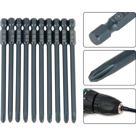Jeu de 10 embouts de tournevis cruciformes PH2 en acier S2, tige hexagonale 1/4 pouce, 100 mm (1/5)