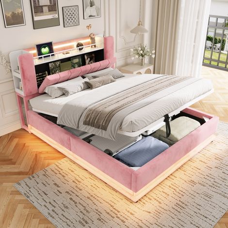 Lit capitonné intelligent 160x200 cm, LED, USB, rangement hydraulique, velours doux, cadre métal, rose, chambre adulte (1/5)