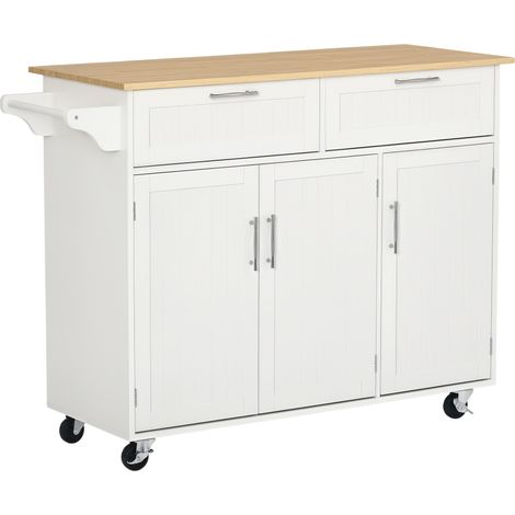 Chariot de cuisine en bois multifonctionnel avec 2 tiroirs, 3 portes et 4 roues 121 x 46 x 91 cm - Blanc (1/5)