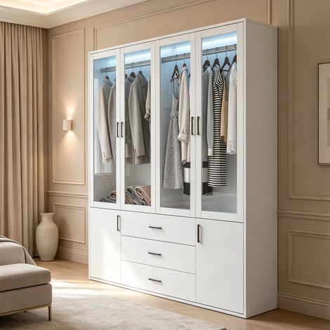 Mobile a 4 ante – 3 cassetti – 130×51,8×181,5 cm – Illuminazione a LED – Specchio – Ampio spazio contenitivo – Moderno – Bianco (1/5)
