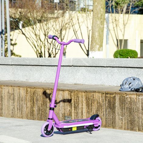 Patinete eléctrico para niños de 6 a 14 años, velocidad máxima 10 km/h, luces LED de colores, freno eléctrico, color morado.