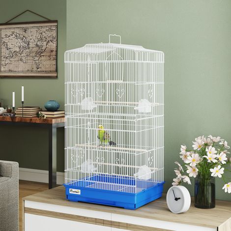 Bleu 46,5x35,5x92 cm - Cage métallique pour volière doté de 4 mangeoires, 3 perchoirs à balançoire et poignée de plateau amovible