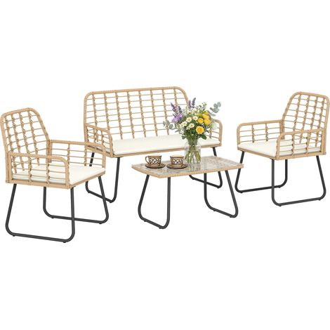 4 Piece Rattan Lounge Set, 106 x 60 x 83 cm, Natural Wood Finish (1/5)