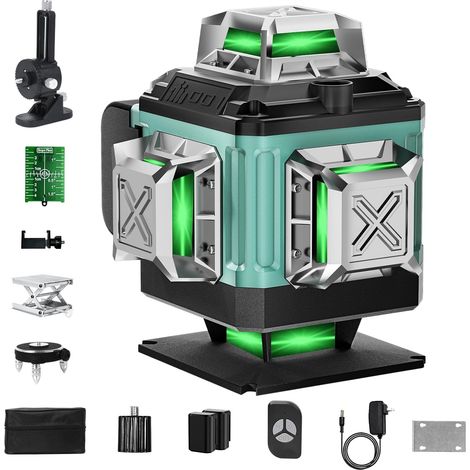 Niveau Laser Vert Autonivelant 4 x 360°, 4D 16 Lignes Laser Chantier à Ligne Croisée Verticale/Horizontale, 2 x Batterie, IP54, Support Rotatif, avec Télécommande & Mallette de transport (1/5)